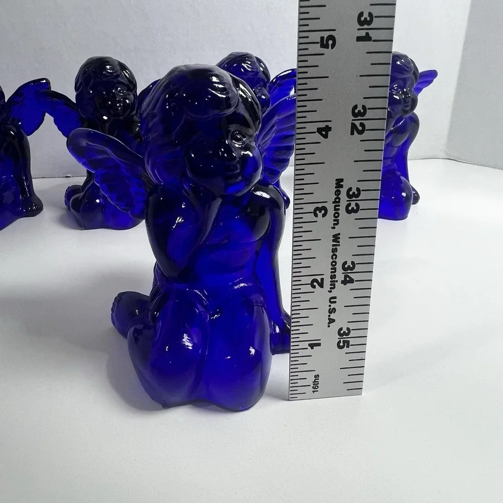 Vintage Cobalt Blue Glass Sitting Cherub Taper Candlestick Holders Set of 6